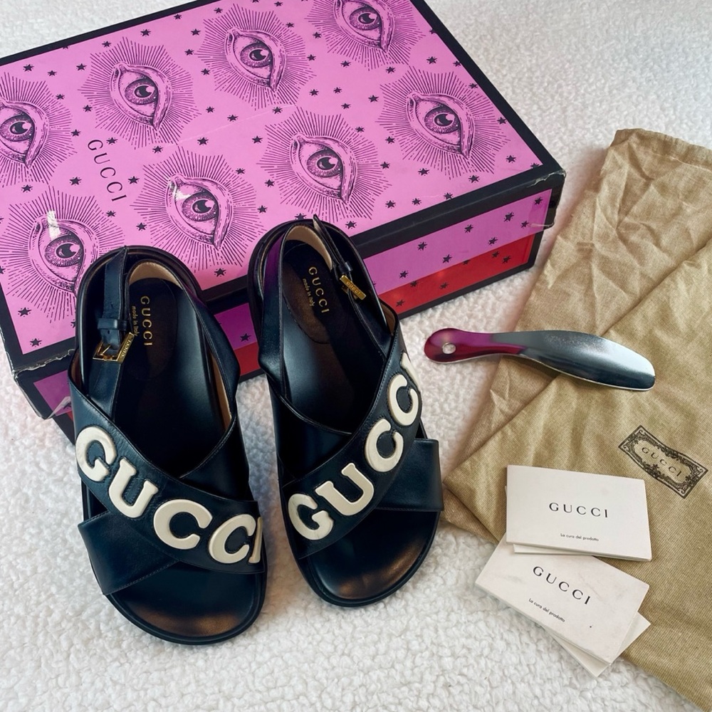 GUCCI • Black Ornella Logo Appliqué Crossover Leather Slingback Sandals, 8.5 - Picture 13 of 16